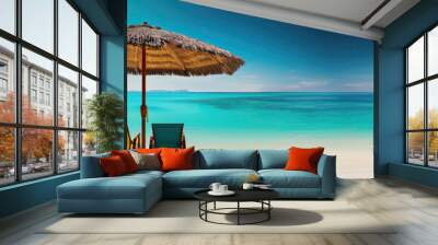 Panorama banner of two chairs and a sun umbrella on an exotic beach  on a sunny day with clear blue water and sunny sky. Wall mural