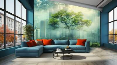 Panoramic banner of city skyline overlayed with green nature forest Wall mural