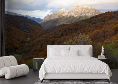 Panoramic landscape of Picos de Europa national park in Autumn with brigh colorful leaves in fall Wall mural