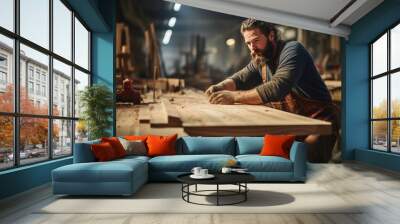 portrait of carpenter man making furniture in workshop with wood Wall mural