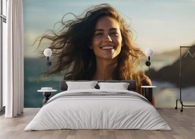 portrait of happy casual young woman smiling with sea and beach Wall mural