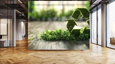 Recycling symbol set among lush indoor garden plants on a wooden floor, symbolizing the integration of nature and sustainability in modern living and workspace environments. Wall mural