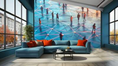 Reflective surface showcases silhouetted figures interconnected with glowing lines, symbolizing extensive networking Wall mural