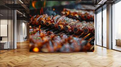 Tender barbecue ribs coated in a rich sauce are sizzling over a hot grill, emitting a delicious aroma that promises a flavorful and hearty meal perfect for gatherings. Wall mural