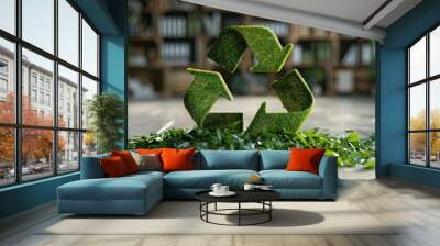 This image depicts a 3D green recycling symbol surrounded by scattered green leaves on the floor of a well-lit indoor space, emphasizing nature's connection with recycling efforts. Wall mural