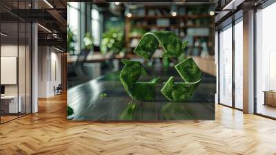 This image depicts a green recycling symbol set against a bright and airy workspace filled with natural light, underscoring the importance of recycling and eco-conscious living. Wall mural