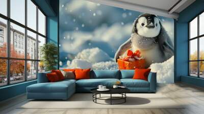 This image showcases a fluffy penguin chick standing in the snow while holding an orange gift box adorned with ribbons, amidst a serene winter backdrop with soft snowflakes. Wall mural