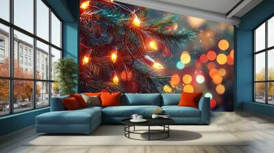 This image showcases warm holiday lights on a tree branch, set against a blurred bokeh background, creating a dreamy, enchanting visual, perfect for festive celebrations. Wall mural