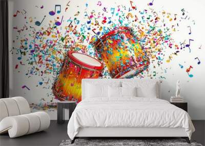 Two bright drums with floating music notes and colorful confetti, encapsulating joy and musical energy in a vibrant, artistic depiction of sound. Wall mural