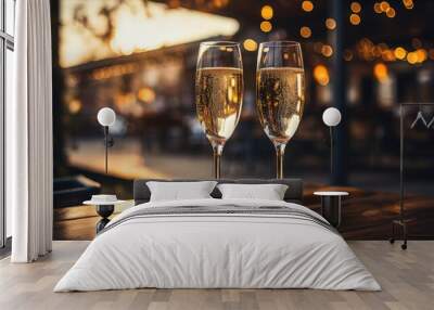 two glasses of champagne isolated with bokeh colorful lights Wall mural