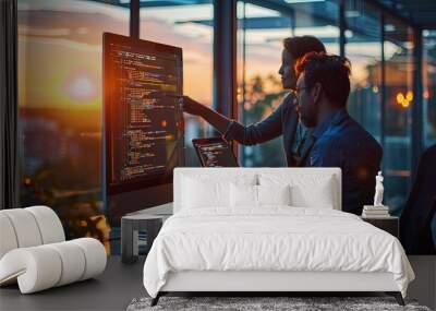 Two web developers man and woman working together in office looking at computer code on monitor Wall mural