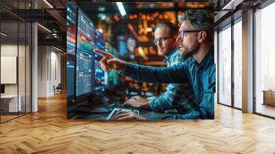 Two white caucasian businessmen team working together in office with chart at computer looking at data analysis Wall mural