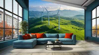 Wind turbine farm for renewable electricity production on top of hill aerial view on a sunny day. Wall mural