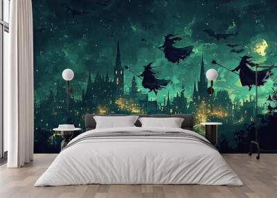 Witches fly with bats across a moonlit night sky over a medieval town, creating a haunting scene with tall illuminated spires, glowing windows, and an eerie atmosphere. Wall mural