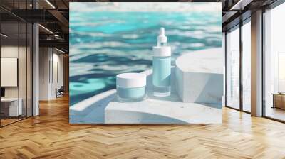 3d product display scene for summer cosmetic kit. Plastic serum bottle and cream jar set on concrete stair beside water. Concept of beach and island vacation Wall mural