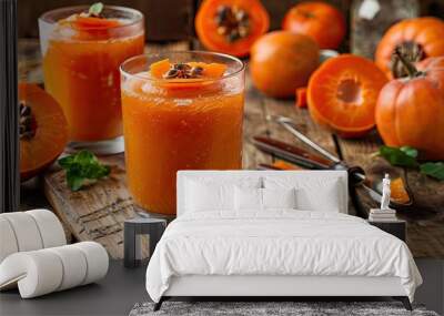 A freshly made persimmon shake, or smoothie, in glasses on a wooden table. Persimmons, a knife, a cutting board, and an ice cream scoop are in the background. Persimmon shakes are popular in Asia Wall mural