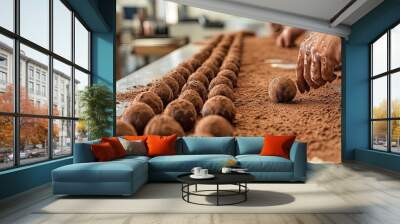 Close shot of many chocolate truffles on the foreground while a baker rolls the final one in cocoa powder Wall mural