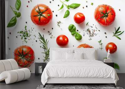 fresh tomato herbs and spices isolated on white background top view Wall mural