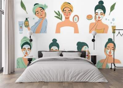 Set of women applying cleansing and moisturizing face skincare products at home. Everyday skin care routine with cleanser and moisturizer. Colored flat Wall mural