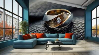 Sophisticated two-tone gold ring with a marquise diamond on a black leather background  Wall mural