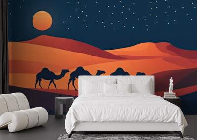 Vector illustration - desert background - landscape illustration with camels walking Wall mural