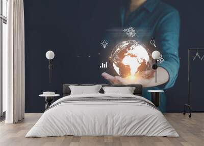 Ai, artificial intelligence technology for business connection and cyberspace communication network. Businessman hold virtual digital global on hand, virtual reality computer, generate big data cloud. Wall mural