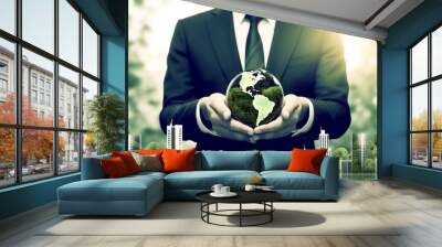 ESG environmental social governance business strategy investing concept. Businessman holding green earth globe world .Ethical and sustainable investing. Enhance ESG alignment of investments . Eco. Wall mural