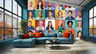 Diverse people collage, portraits on colorful background. People of all ethnicities, ages, sexual orientations, cultures. Diversity and inclusion concept. Wall mural