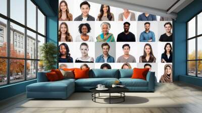 Many multiethnic people looking at camera. Collage of diverse work colleagues of different ages, ethnicities, nationalities, cultures. International employees, video call screen, header or banner- Wall mural