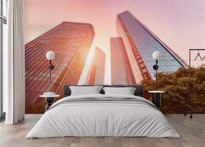 Urban skyline with towering modern glass skyscrapers reflecting sunlight. Concept Urban Skylines, Skyscrapers, City Life. Wall mural