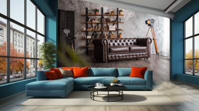 Interior with leather sofa and luxury lamp. Textured background Wall mural