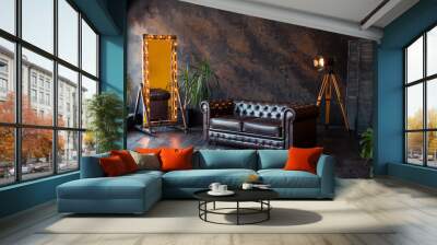 unusual loft interior. leather sofa. room in brown color. luxury livingroom Wall mural