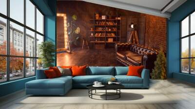 unusual loft interior. leather sofa. room in brown color. luxury livingroom Wall mural