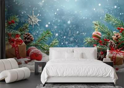 Christmas scene with a blue sky and snow. There are two gift boxes with red ribbons, fir branches, pine cones, decorative balls and a star in the snow. Concept of tradition, celebration, magic, love. Wall mural