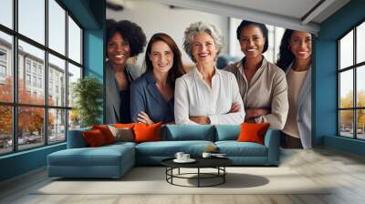 Womens Day. Labor Day. Interracial group of powerful independent executive women in the office Generative AI Wall mural