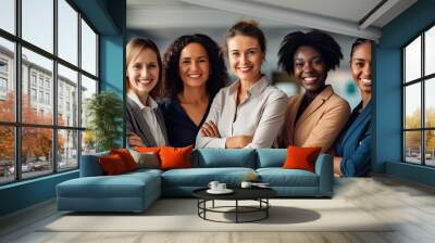 Womens Day. Labor Day. Interracial group of powerful independent executive women in the office Generative AI Wall mural