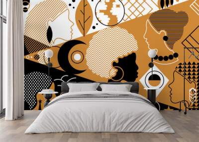 Beautiful fashion pattern with diverse women faces Wall mural