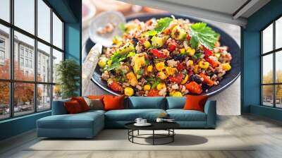 Black beans, avocado, corn, tomato, rice & quinoa salad with chilli dressing  Wall mural