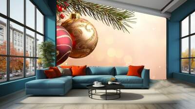 This festive design features two traditional Christmas baubles, one deep red with gold stripes and the other gold with delicate red swirls, hanging from a pine branch full of green needles and berries Wall mural