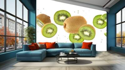 Fresh ripe kiwi green fruit whole and slices with drops falling flying isolated on white background. Wall mural