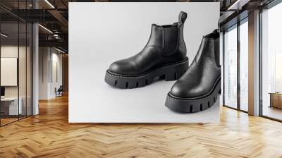 Trendy fashionable black leather short  women pair chelsea boots  on light grey neutral background. Wall mural