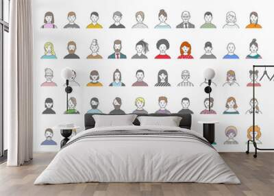 Big set of people avatars for social media, website. Line art portraits fashionable girls and guys. Wall mural