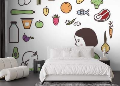 Mom is feeding up the baby with a spoon. Wall mural