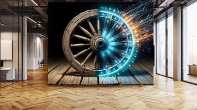 3D render of an old, wooden cartwheel evolving into a high-tech, illuminated digital wheel, showcasing the concept Reinvent the Wheel as progress from old to new. Wall mural