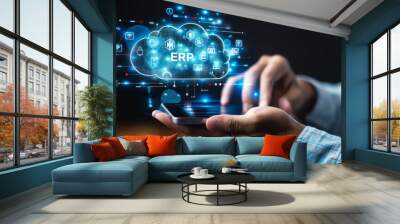 A businessman accesses cloud-based enterprise resource planning ERP system via mobile device, integrating business applications for efficient operations management data-driven decision-making process Wall mural