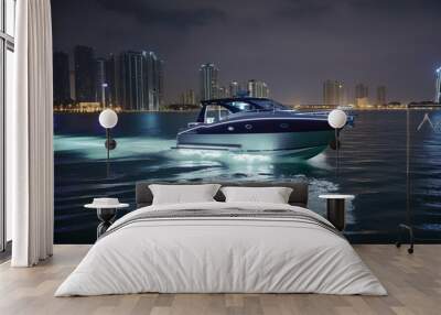 A city at night is visible behind the modern speed boat as it sails in the harbor. - Generative AI Wall mural