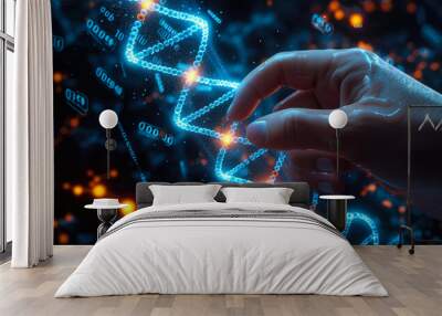 A futuristic representation of a human hand interacting with a glowing DNA helix structure amid a network of bioinformatics and molecular biology Wall mural