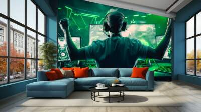 A professional eSports player celebrates their triumph in the green lit game area. - Generative AI Wall mural