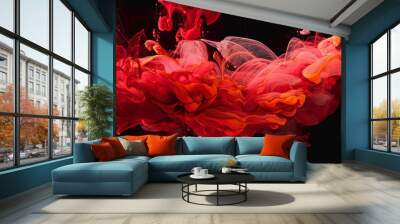 Abstract red colorful ink splash in water background . Generative AI Wall mural