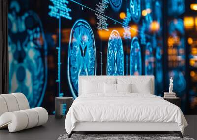 Advanced medical imaging technology in neon blue showcasing a series of brain MRI scans for neurological research and diagnostics in a clinical setting Wall mural